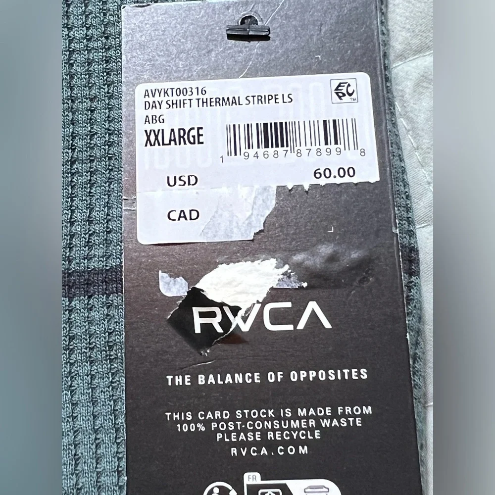 RVCA Day Shift Thermal Stripe Long Sleeve Shirt Men’s XXL Green Blue Waffle Knit